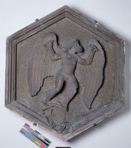 The Art of Flight, Daedalus, kuusikulmainen koristeellinen kohokuvio laatta sarjasta, joka kuvaa taiteen ja tieteiden harjoittajia, mahdollisesti perustuen Giotton (n. 1266-1337) suunnitelmiin n. 1334-48 (marmori)